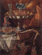 unknow artist Still life of a wine glass and bottle in a parcel gilt tazza together with a glass decanter on a pewter dish upon a draped tabletop oil painting